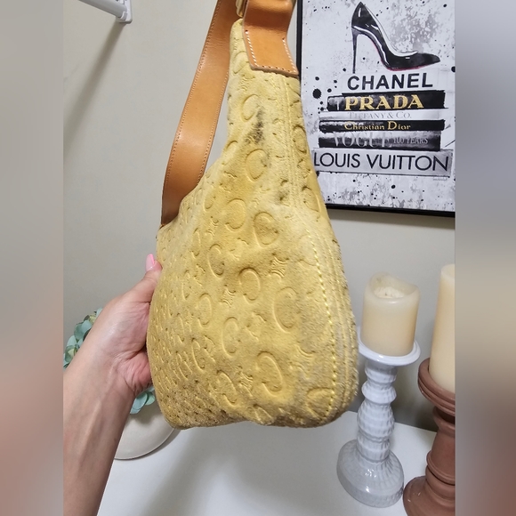 EUC CELINE C MACADAM YELLOW SUEDE BAGUETTE SHOULDER BAG - Picture 15 of 16